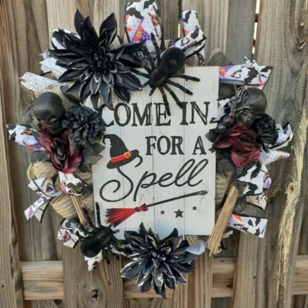 Deco Mesh Come In For A Spell Witch Cauldron Wreath Handmade Victorian Spooky